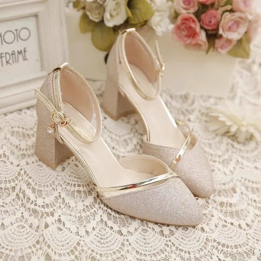 Korean Style Pointed Toe Sandals – Thick Heel with Buckle 👠✨