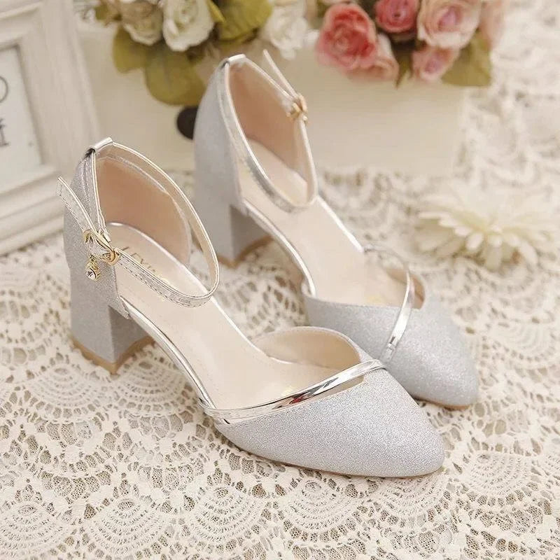 Korean Style Pointed Toe Sandals – Thick Heel with Buckle 👠✨
