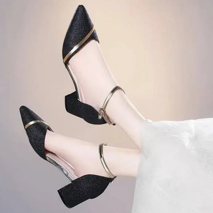 Korean Style Pointed Toe Sandals – Thick Heel with Buckle 👠✨