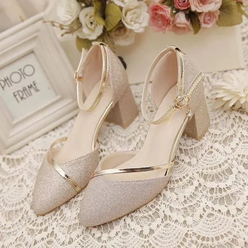 Korean Style Pointed Toe Sandals – Thick Heel with Buckle 👠✨
