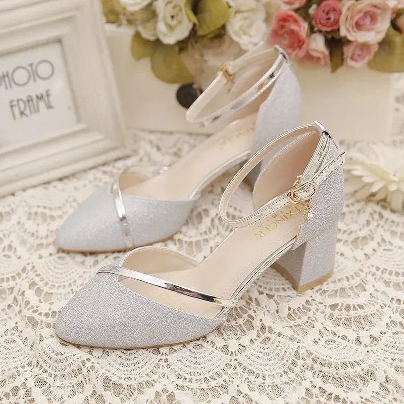 Korean Style Pointed Toe Sandals – Thick Heel with Buckle 👠✨